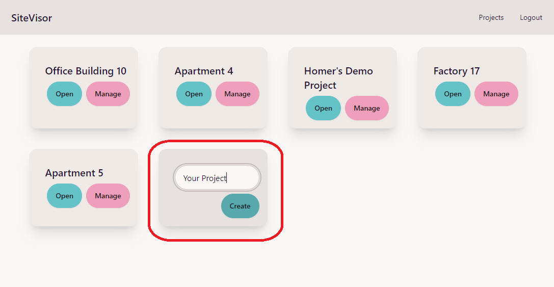 Projects list view - Create new Project