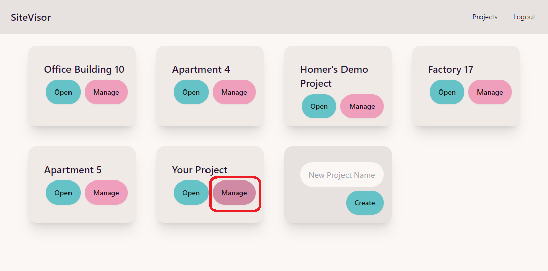 Projects list view - Manage button